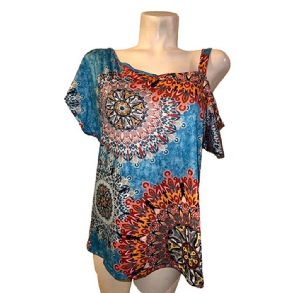 New Cyanstyle One Shoulder Mandala Print Tunic Top Blue Orange Women's Size L